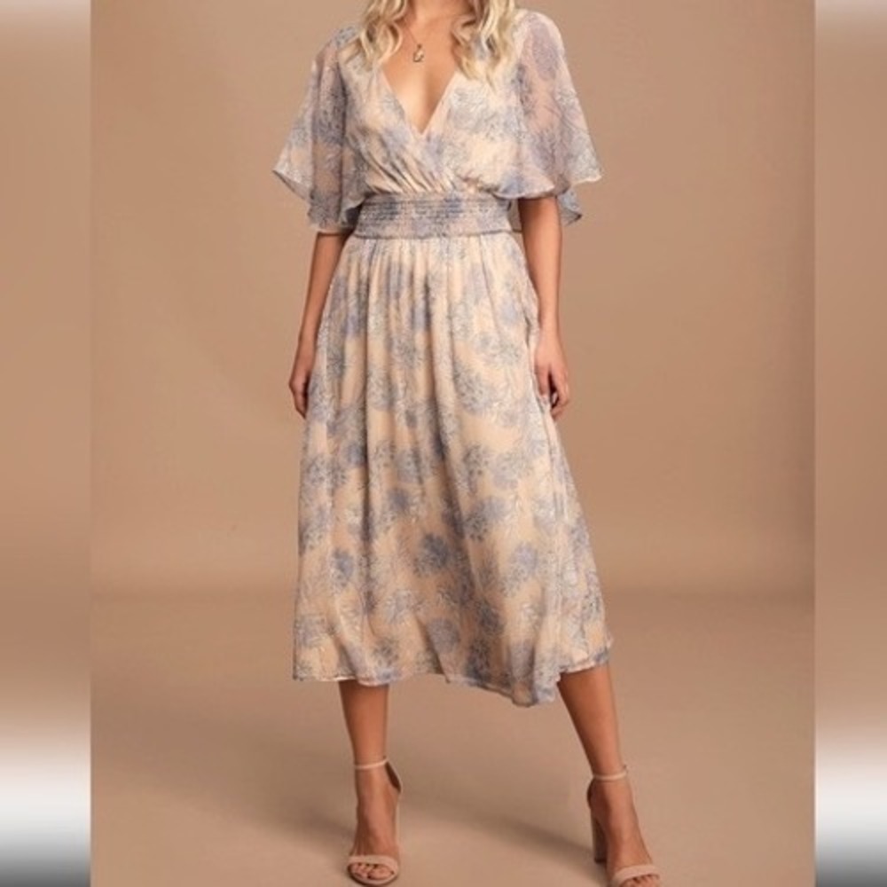 Lulus Tan Blue Floral Smocked Waist Flutter Sleeve Midi Dress XL ee